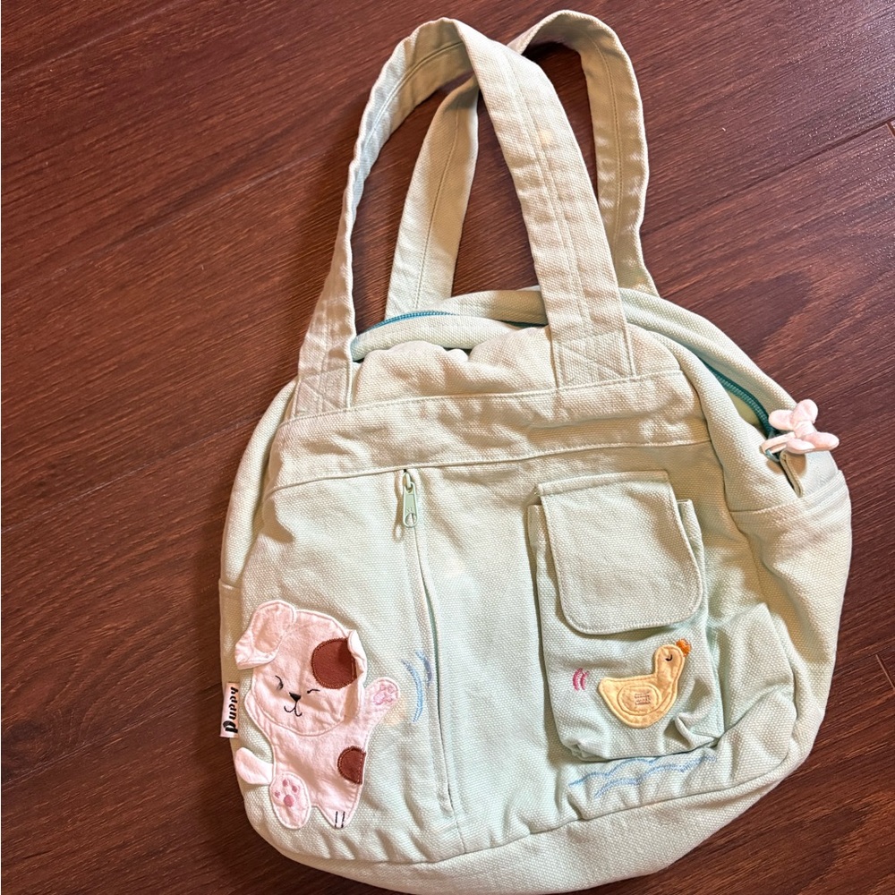 Puppy Brand Pastel Green Tote Bag with puppy and duck patch work
